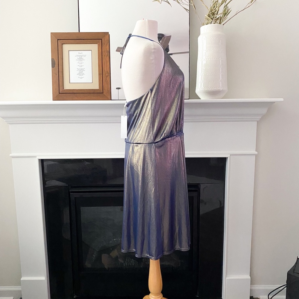 ❗️FINAL PRICE CLOSET CLOSING Halston Heritage Blue Gold Metallic Halter Dress - Picture 5 of 8
